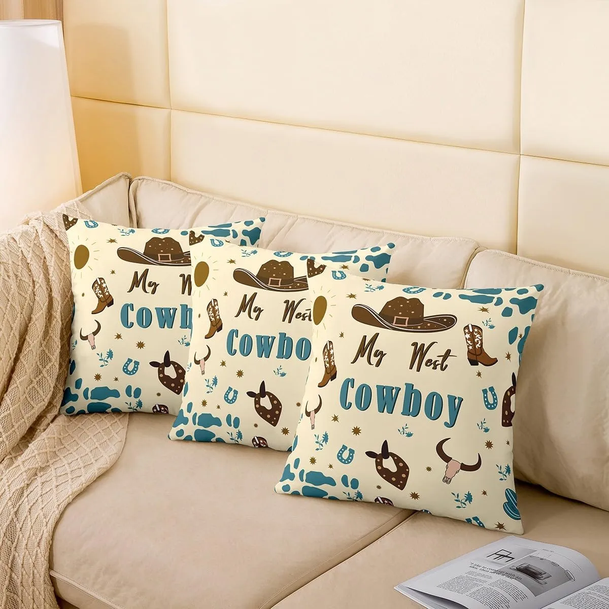 Homewish Western Cowboy Throw Pillow Covers 22x22 Inch Set of 2 Cartoon Brown Hat Boots Decor Cushion Covers for Kids Teens Adults Cute Cow Skull Retro Floral Print Cushion Cases for Party Office