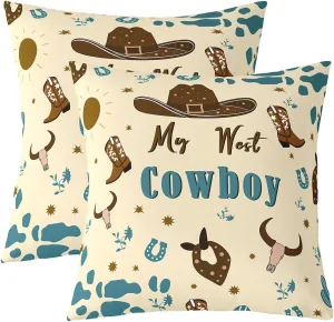 Homewish Western Cowboy Throw Pillow Covers 22x22 Inch Set of 2 Cartoon Brown Hat Boots Decor Cushion Covers for Kids Teens Adults Cute Cow Skull Retro Floral Print Cushion Cases for Party Office