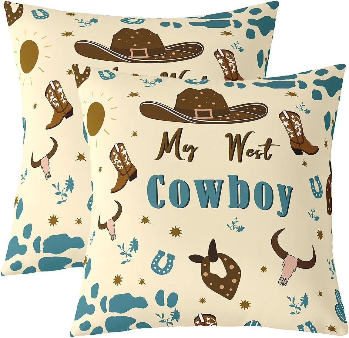 Homewish Western Cowboy Throw Pillow Covers 22x22 Inch Set of 2 Cartoon Brown Hat Boots Decor Cushion Covers for Kids Teens Adults Cute Cow Skull Retro Floral Print Cushion Cases for Party Office