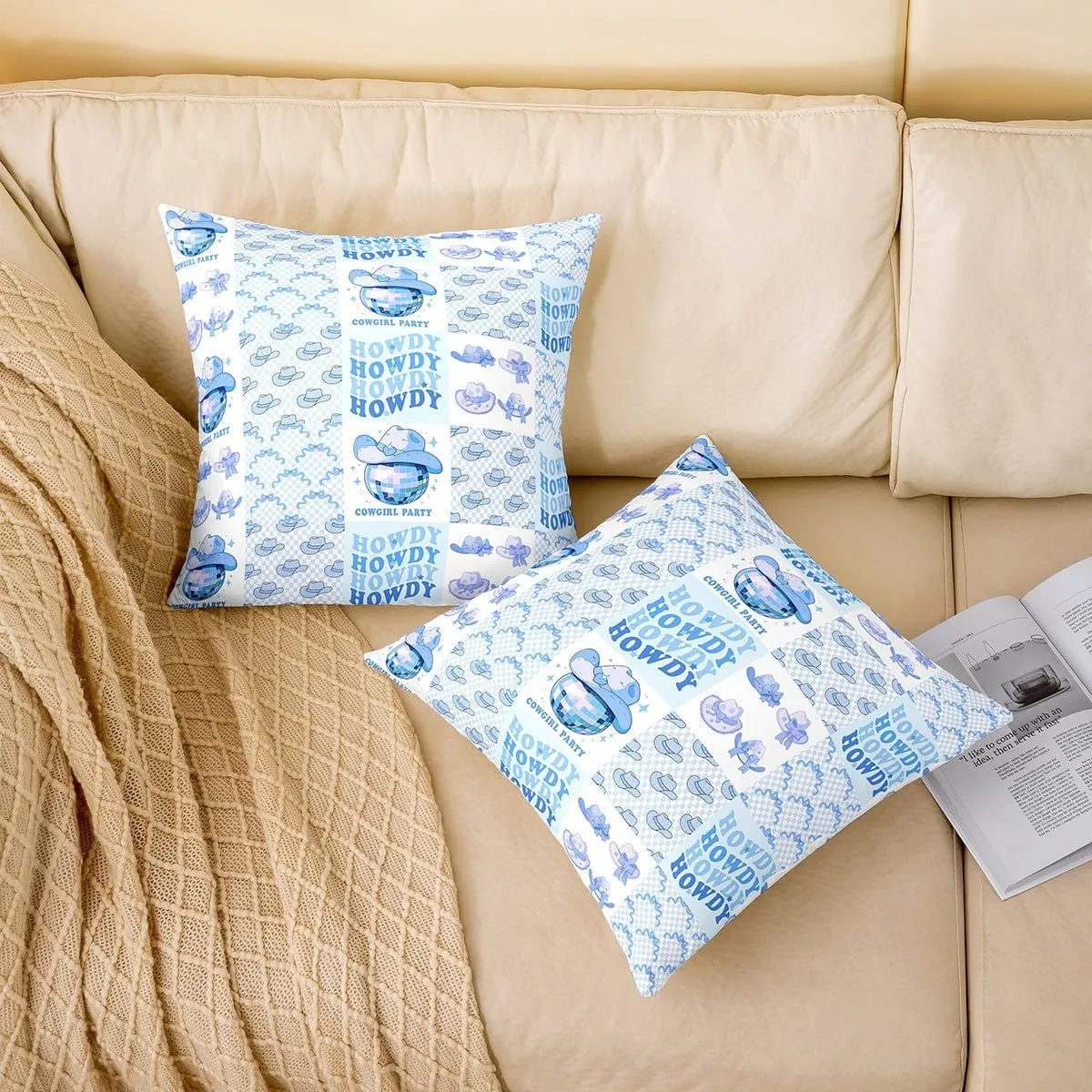 Homewish Western Cowgirl Pillow Covers 22x22 Inch Set of 2 Princess Lovely Blue Bowknot Grid Pillow Cases for Kids Girls Teens Cartoon Mirrorball Cowboy Hat Decor Cushion Covers for Office Chairs