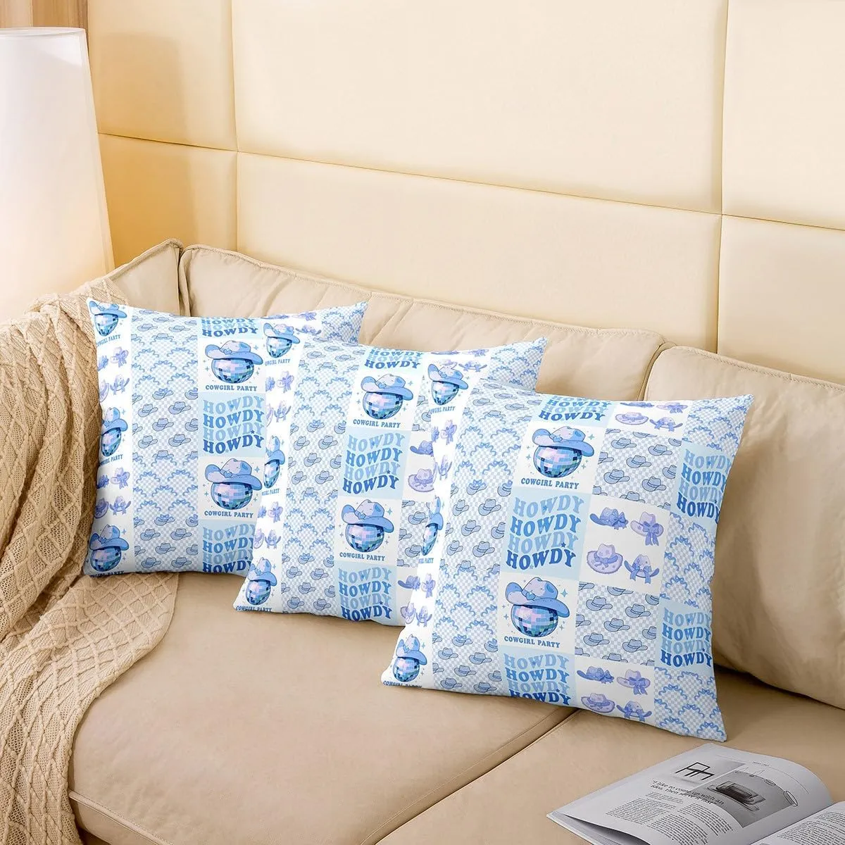 Homewish Western Cowgirl Pillow Covers 22x22 Inch Set of 2 Princess Lovely Blue Bowknot Grid Pillow Cases for Kids Girls Teens Cartoon Mirrorball Cowboy Hat Decor Cushion Covers for Office Chairs