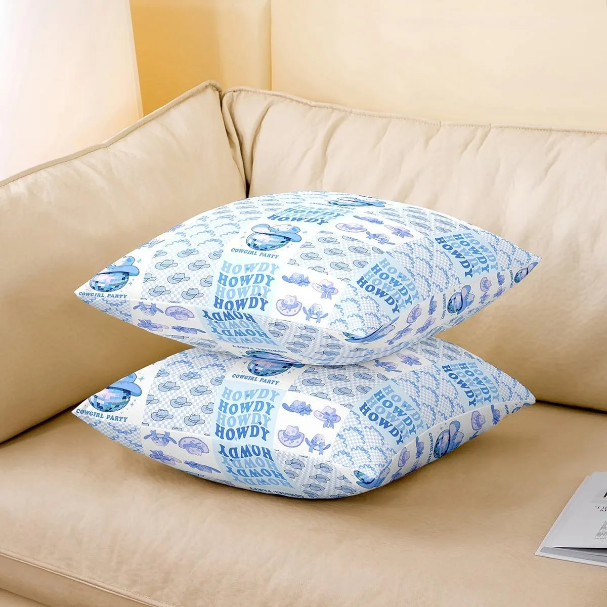 Homewish Western Cowgirl Pillow Covers 22x22 Inch Set of 2 Princess Lovely Blue Bowknot Grid Pillow Cases for Kids Girls Teens Cartoon Mirrorball Cowboy Hat Decor Cushion Covers for Office Chairs