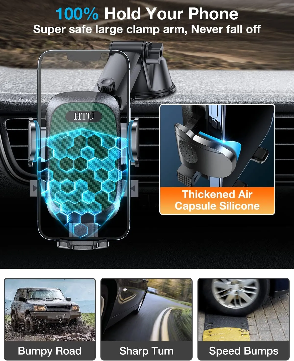 HTU [True Military-Grade] 2025 Upgraded Car Phone Holder 【Safety Certs & Stronger Suction】 Cell Phone Holder for Car Mount for Dashboard Windshield Air Vent Long Arm Thick Case (Green)