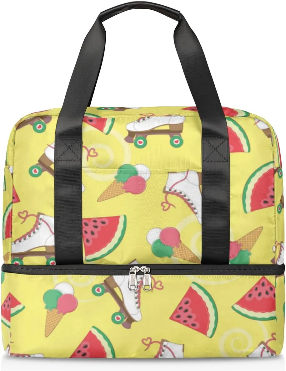 Ice Cream Watermelon Roller Skates Travel Bag Double Tier Zip Closure Weekender Bag with Leather Handle Waterproof Sports Tote Gym Bag for Swim Beach Gym Yoga