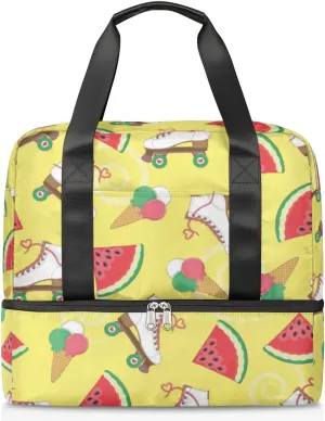 Ice Cream Watermelon Roller Skates Travel Bag Double Tier Zip Closure Weekender Bag with Leather Handle Waterproof Sports Tote Gym Bag for Swim Beach Gym Yoga
