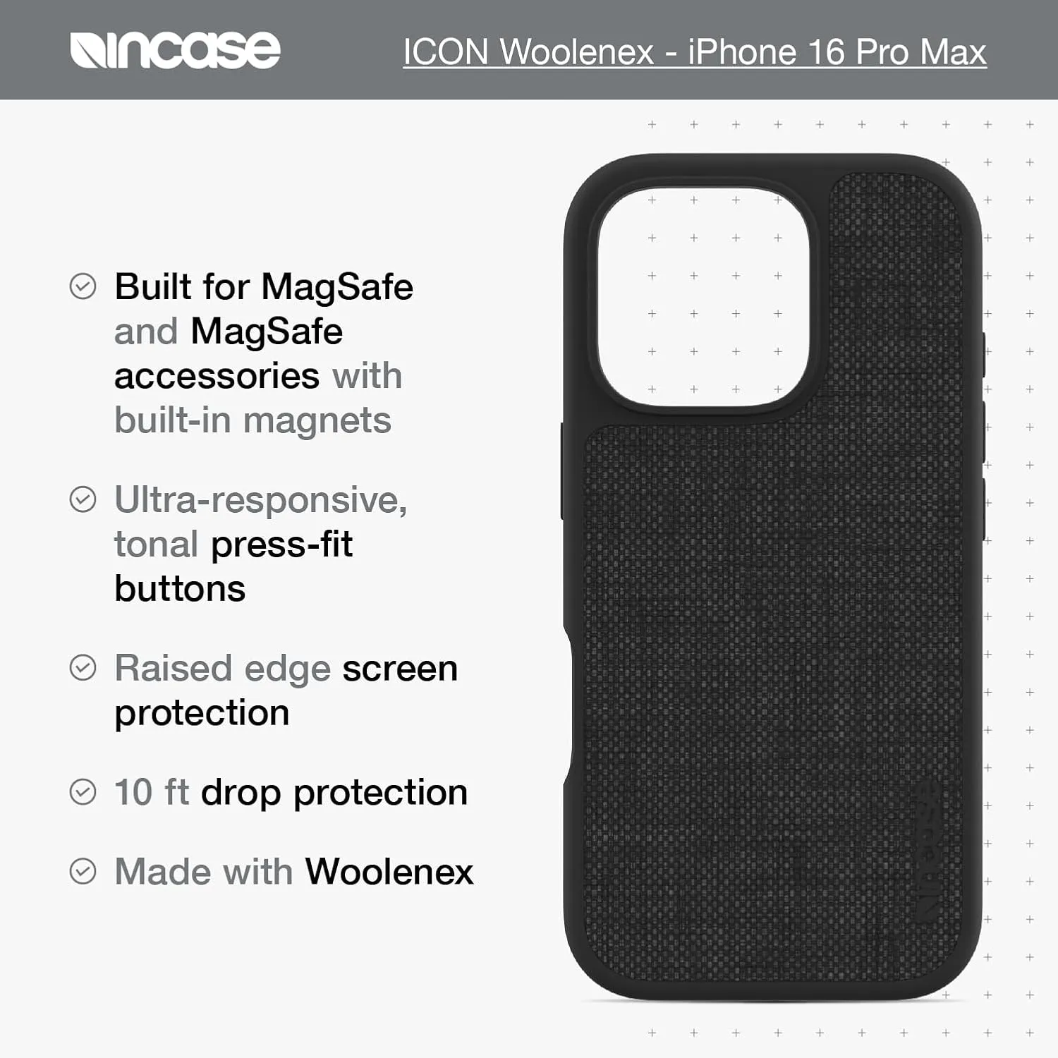 Incase ICON Case with Woolenex & MagSafe for iPhone 16 Pro Max - Durable, Stylish, Protective, Lightweight, Water-Resistant, Scratch-Resistant with Wireless Magsafe Charging - Graphite Woolenex