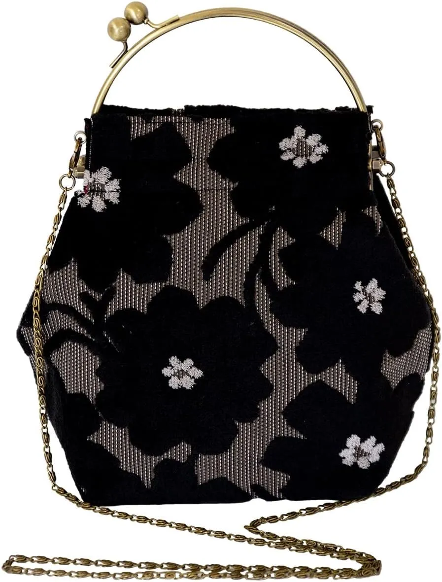 inokichi Benley Gamaguchi bag 2-Way Type Shoulder Bag, Japanese Pattern, Japanese Modern Kimono Bag , Jacquard Weave Autumn Winter Moquette, moquette Margaret - Kuro, Black, Floral Pattern,