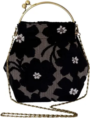 inokichi Benley Gamaguchi bag 2-Way Type Shoulder Bag, Japanese Pattern, Japanese Modern Kimono Bag , Jacquard Weave Autumn Winter Moquette, moquette Margaret - Kuro, Black, Floral Pattern,