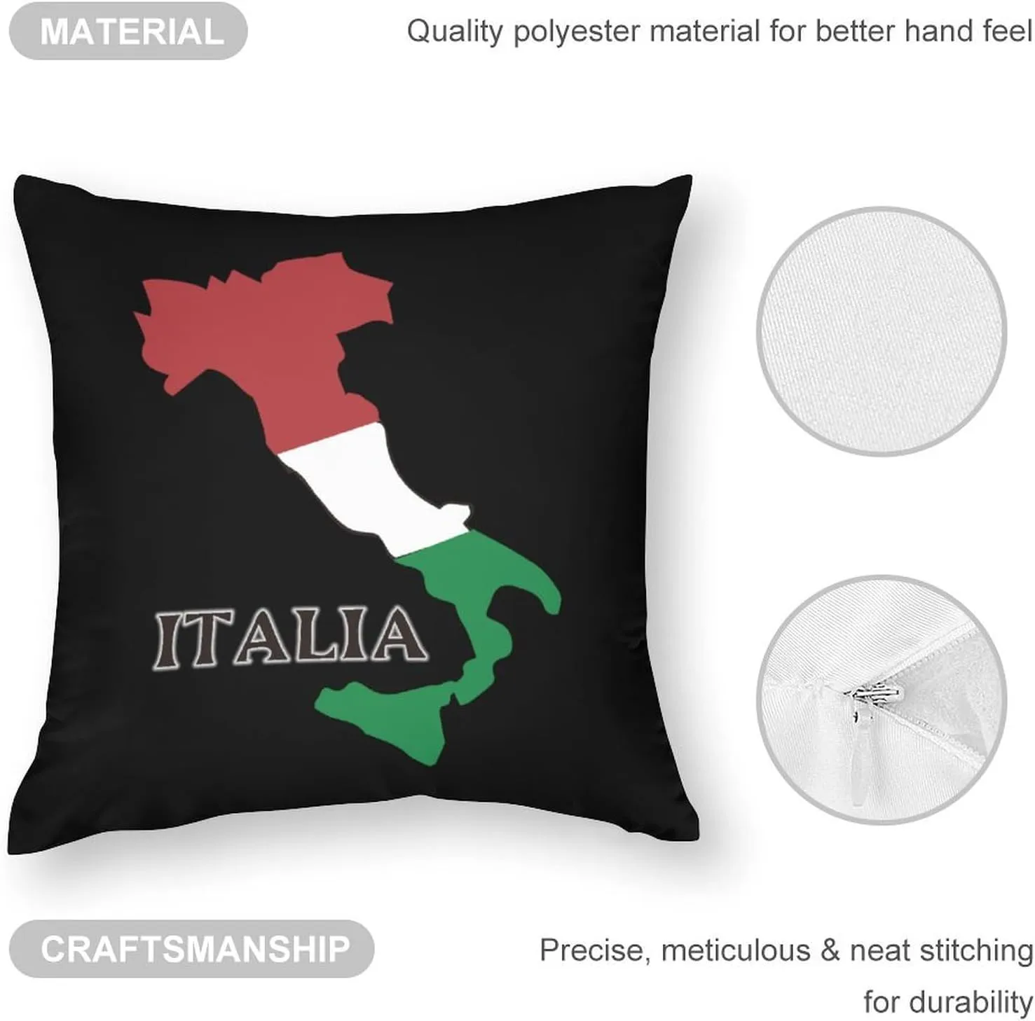 Italy Flag Map Polyester Pillow Cases Soft Pillow Covers Smooth Cushion Covers for Sofa Bed 1 Piece 12"x12"