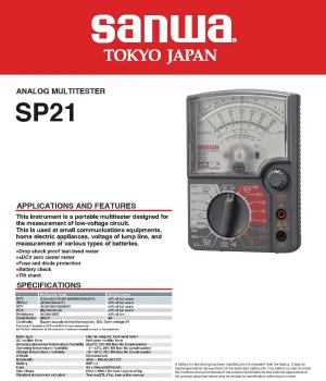 Japan Sanwa SP21 Analog Multitesters, Multi-Function/Multi-Range Pointer multimeter Zero Center Instrument Off beep Battery Check(SP21)