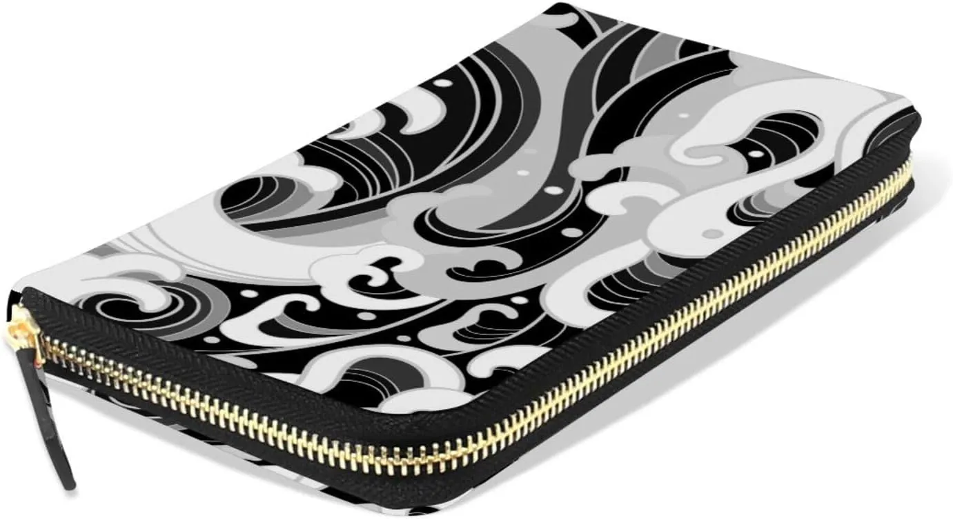 Japanese Traditional Oriental Black White Sea Waves, Foam, Splashes Leather Long Wallet Organizer with Zipper Purse Clutch Bag for Women Men Key Card Coin Passport Checkbook 8 x 4 inch