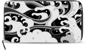 Japanese Traditional Oriental Black White Sea Waves, Foam, Splashes Leather Long Wallet Organizer with Zipper Purse Clutch Bag for Women Men Key Card Coin Passport Checkbook 8 x 4 inch