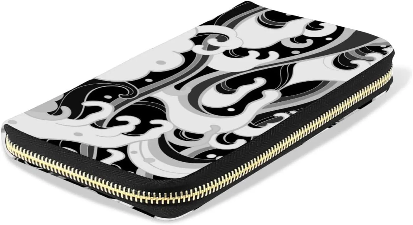 Japanese Traditional Oriental Black White Sea Waves, Foam, Splashes Leather Long Wallet Organizer with Zipper Purse Clutch Bag for Women Men Key Card Coin Passport Checkbook 8 x 4 inch