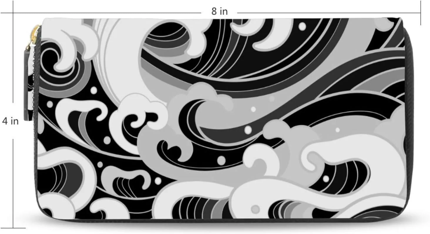 Japanese Traditional Oriental Black White Sea Waves, Foam, Splashes Leather Long Wallet Organizer with Zipper Purse Clutch Bag for Women Men Key Card Coin Passport Checkbook 8 x 4 inch