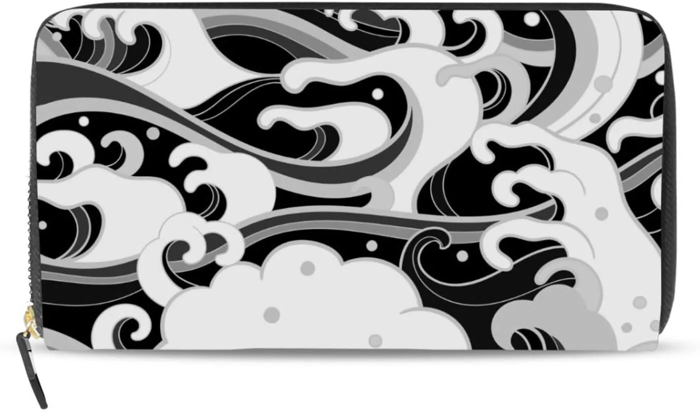 Japanese Traditional Oriental Black White Sea Waves, Foam, Splashes Leather Long Wallet Organizer with Zipper Purse Clutch Bag for Women Men Key Card Coin Passport Checkbook 8 x 4 inch