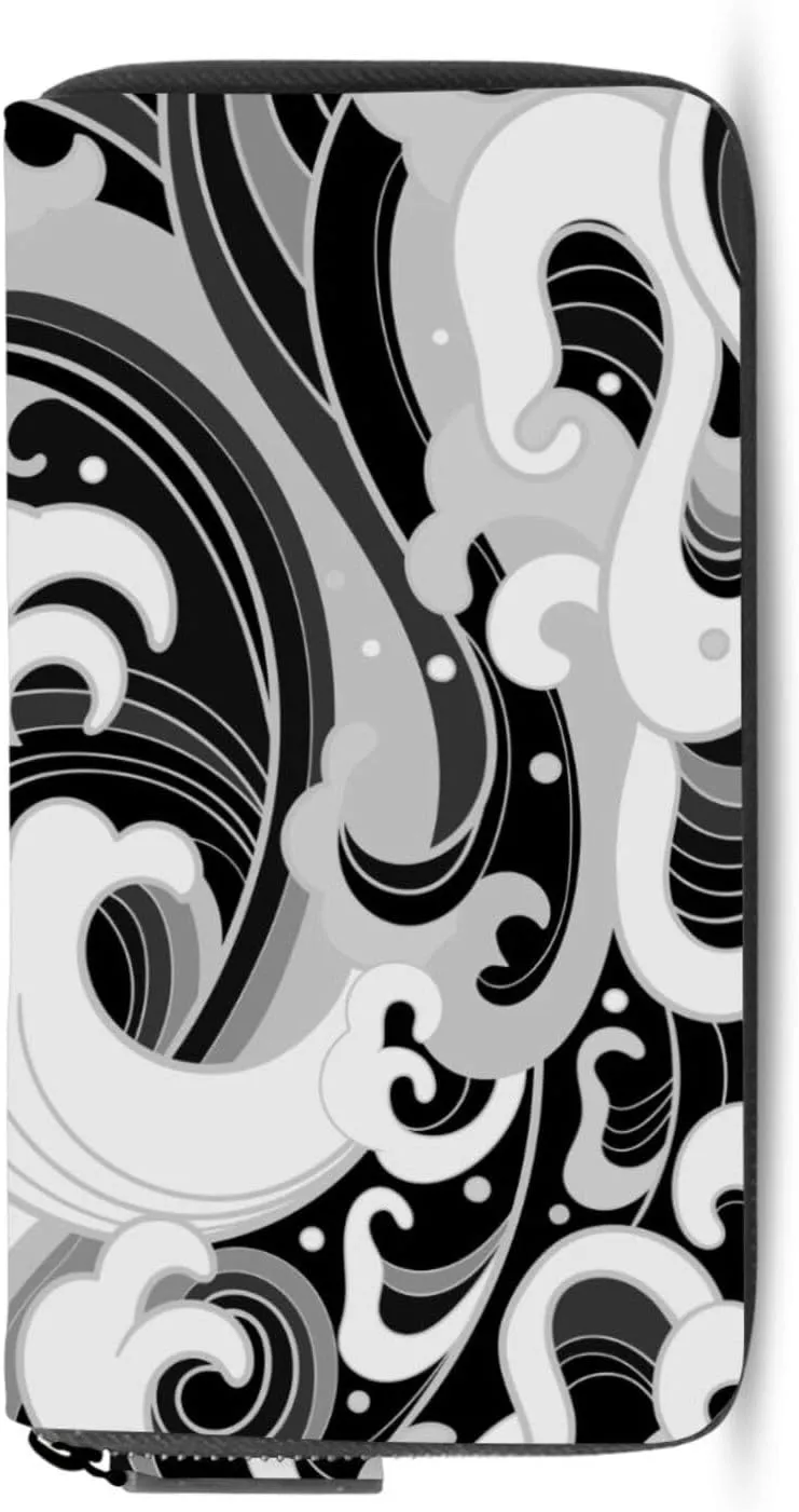 Japanese Traditional Oriental Black White Sea Waves, Foam, Splashes Leather Long Wallet Organizer with Zipper Purse Clutch Bag for Women Men Key Card Coin Passport Checkbook 8 x 4 inch