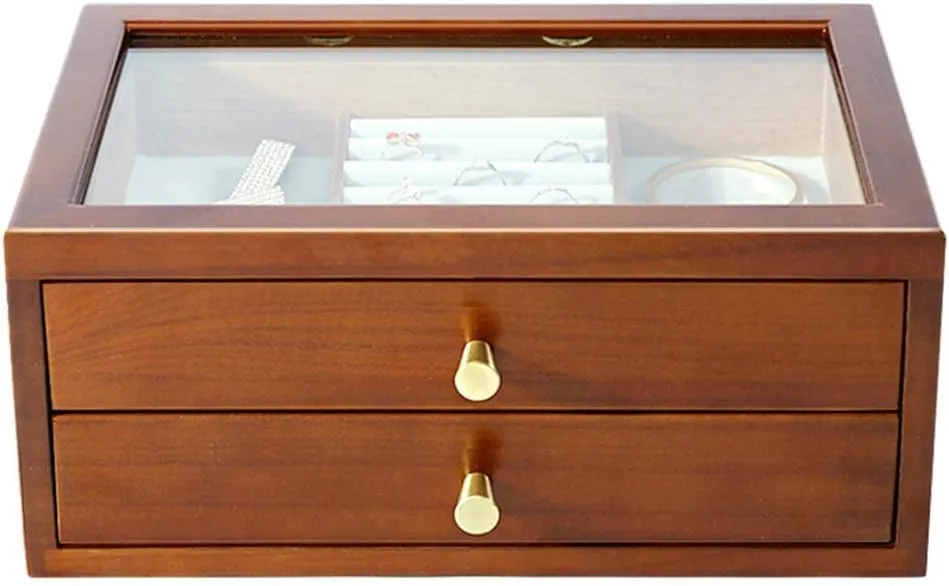 Jewelry Box Jewelry Box With Skylight Large Capacity 2 Drawers Watches Box Ring Earring Necklace Glasses Storage Box,No Jewelry (Color : Natural, Size : 31.5 * 19 * 13cm)