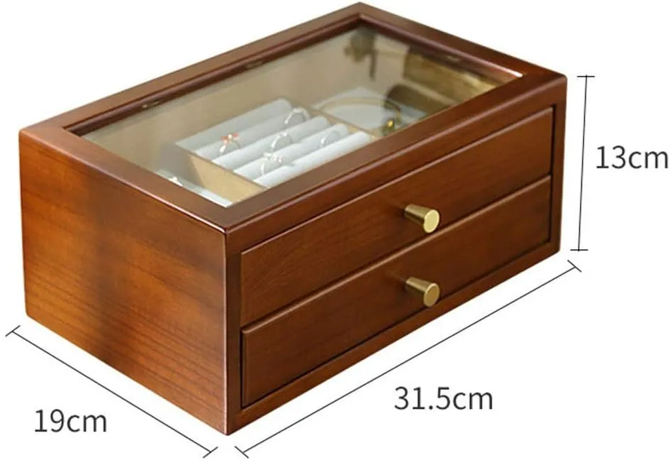 Jewelry Box Jewelry Box With Skylight Large Capacity 2 Drawers Watches Box Ring Earring Necklace Glasses Storage Box,No Jewelry (Color : Natural, Size : 31.5 * 19 * 13cm)