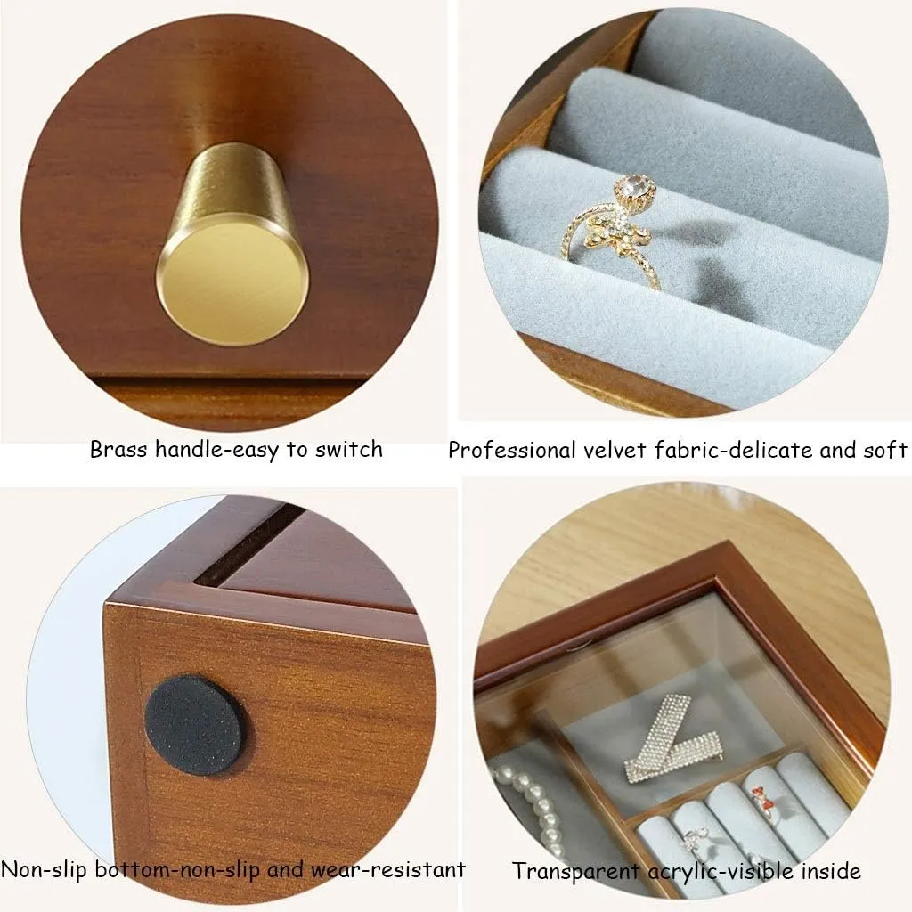 Jewelry Box Jewelry Box With Skylight Large Capacity 2 Drawers Watches Box Ring Earring Necklace Glasses Storage Box,No Jewelry (Color : Natural, Size : 31.5 * 19 * 13cm)