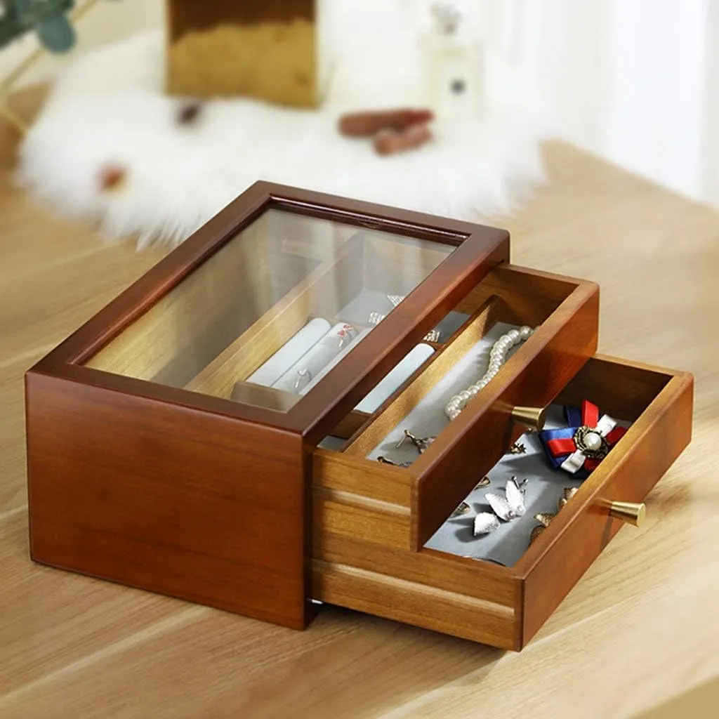 Jewelry Box Jewelry Box With Skylight Large Capacity 2 Drawers Watches Box Ring Earring Necklace Glasses Storage Box,No Jewelry (Color : Natural, Size : 31.5 * 19 * 13cm)
