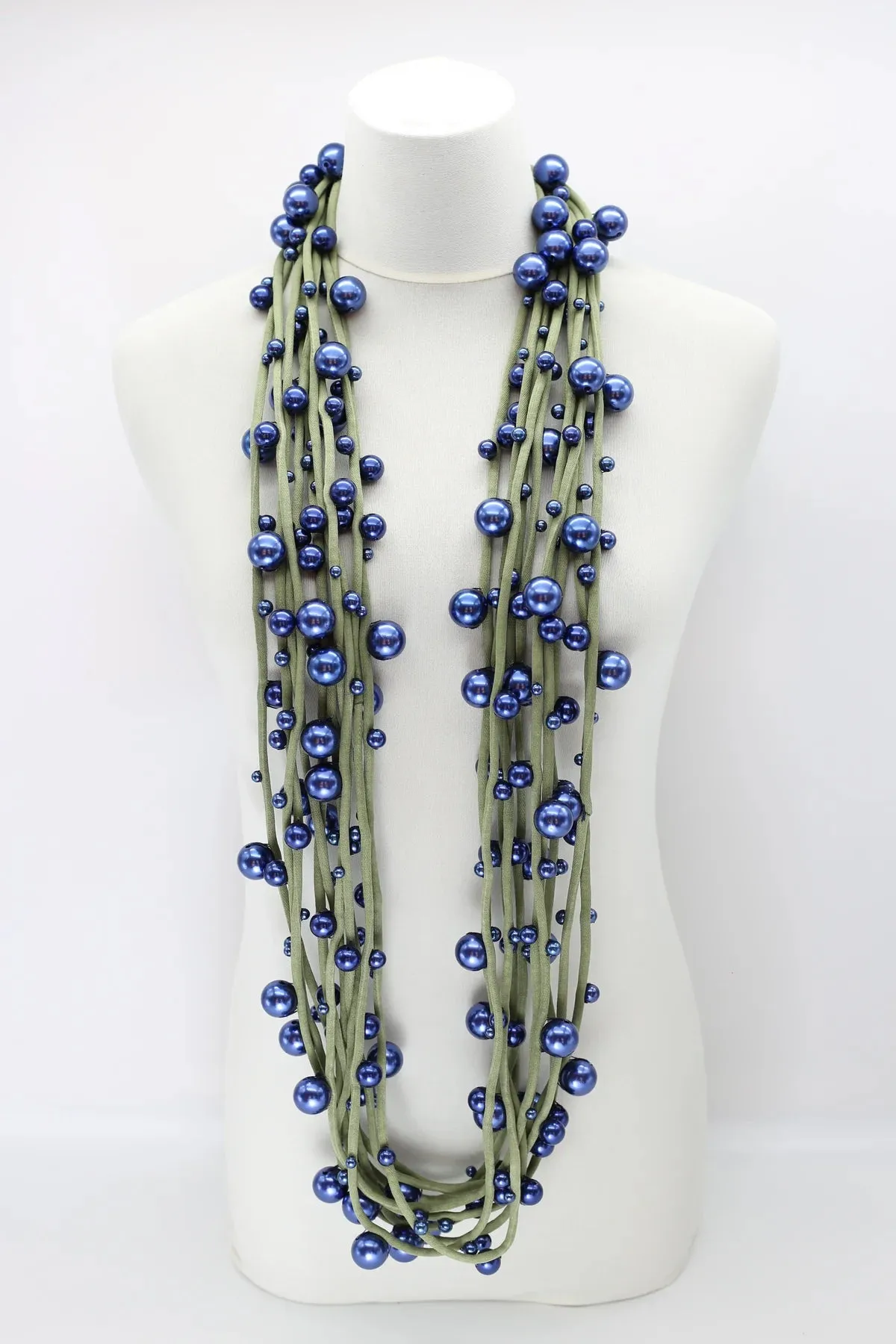 Jianhui London Large Faux Pearl Necklace on Textile Cord Navy/Olive