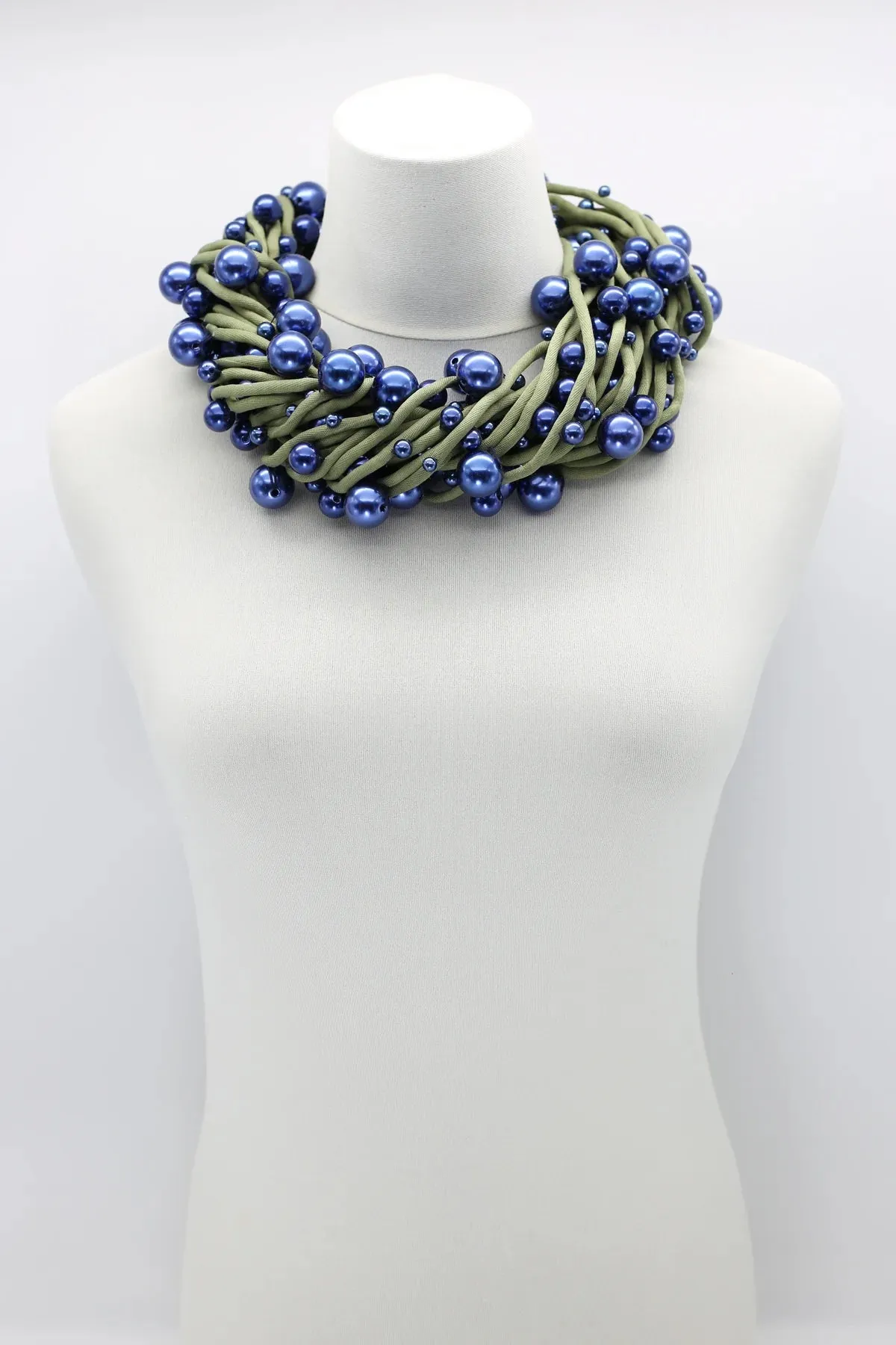 Jianhui London Large Faux Pearl Necklace on Textile Cord Navy/Olive