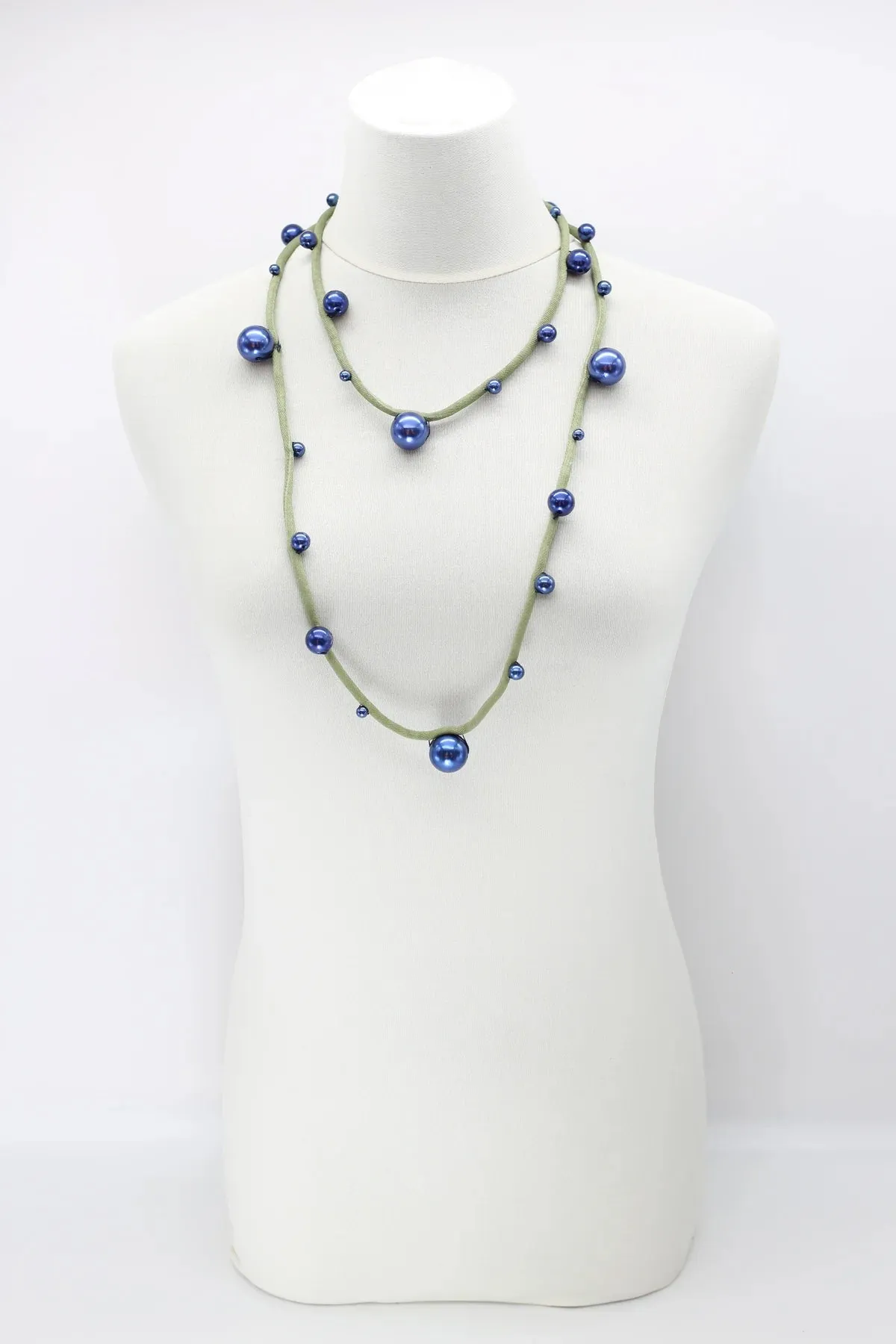 Jianhui London Large Faux Pearl Necklace on Textile Cord Navy/Olive