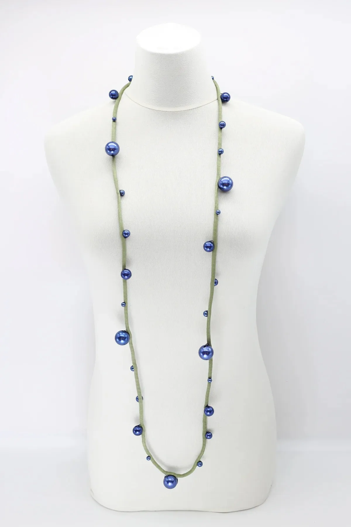 Jianhui London Large Faux Pearl Necklace on Textile Cord Navy/Olive