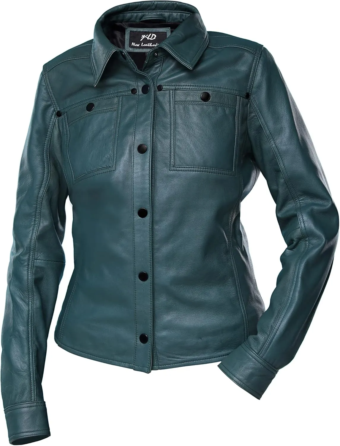 Jild Womens Button Front Lambskin Leather Jacket Shacket - Casual Shirt Long Sleeve Leather Jacket Women with Bust Pocket