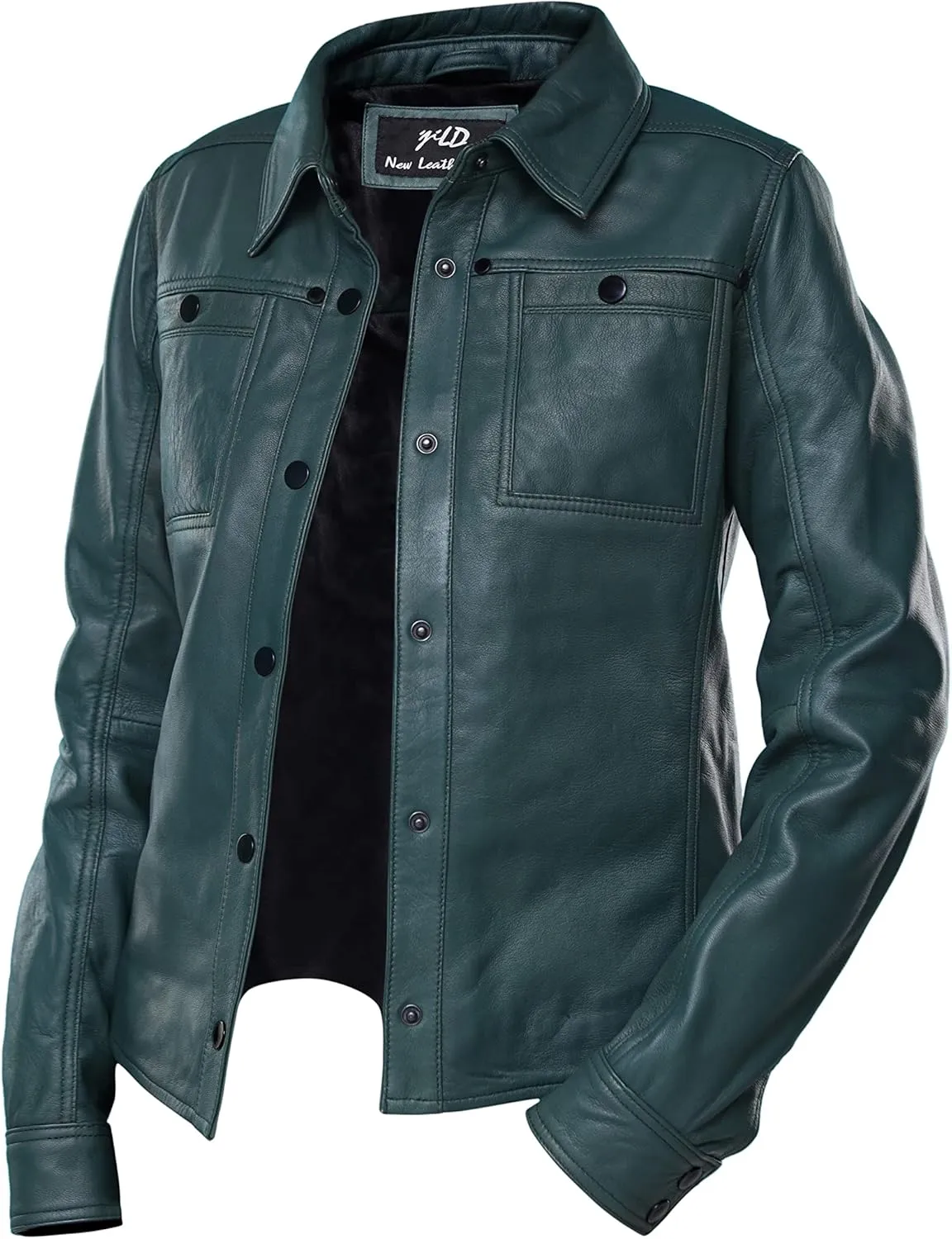 Jild Womens Button Front Lambskin Leather Jacket Shacket - Casual Shirt Long Sleeve Leather Jacket Women with Bust Pocket