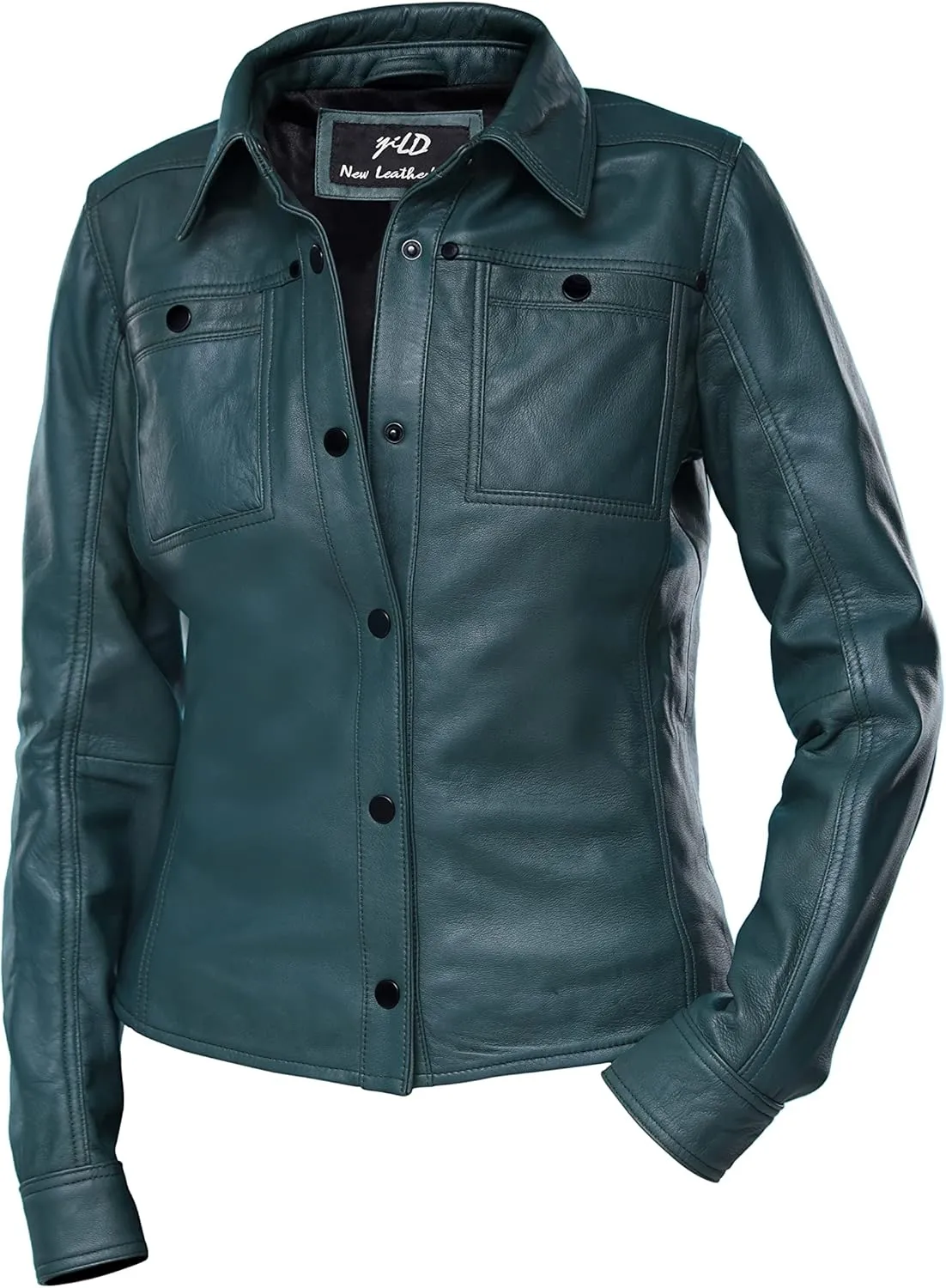 Jild Womens Button Front Lambskin Leather Jacket Shacket - Casual Shirt Long Sleeve Leather Jacket Women with Bust Pocket