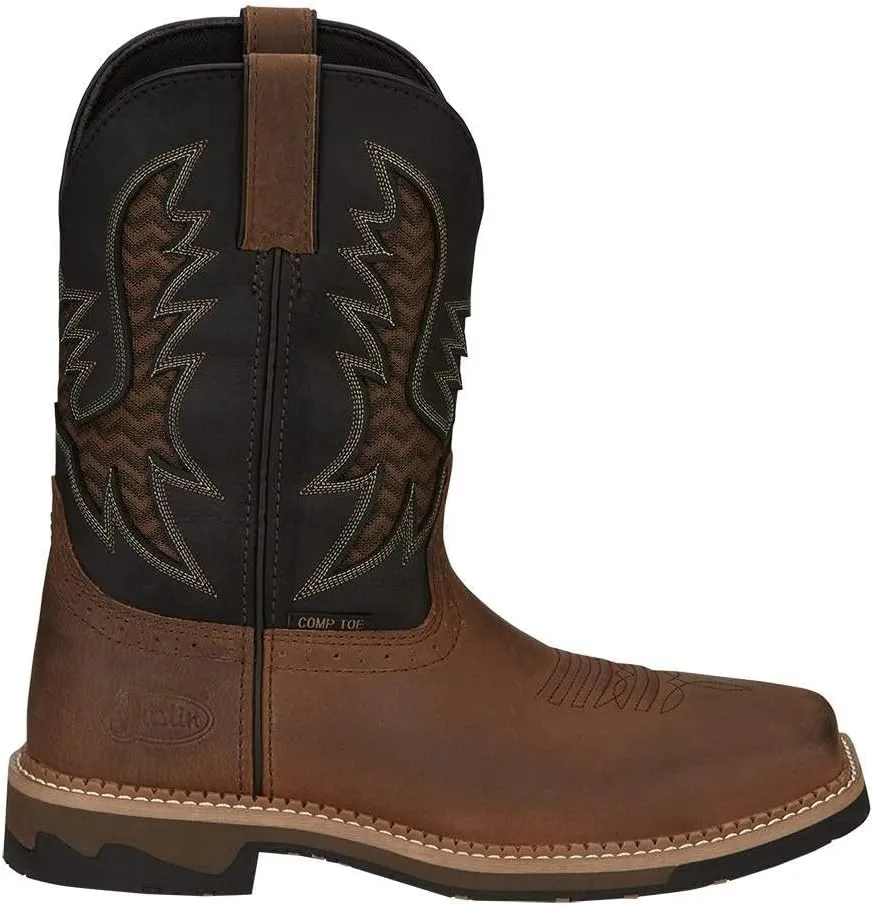 Justin Boot Company Men`s Stampede Bolt Pecan Water Buffalo 11` Black Water Buffalo Nano Comp