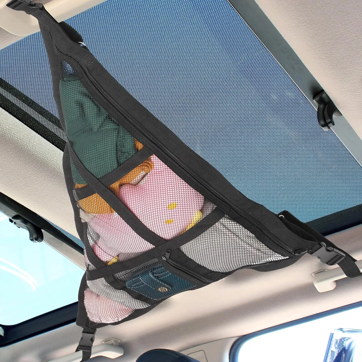 Kaskawise 31.5"x21.6" Car Ceiling Cargo Net-Fits Cars with Three Handles,Non-Blocking Rearview Mirror,Double-Layer Interior Roof Cargo Net for Travel Road Trips and Car Camping