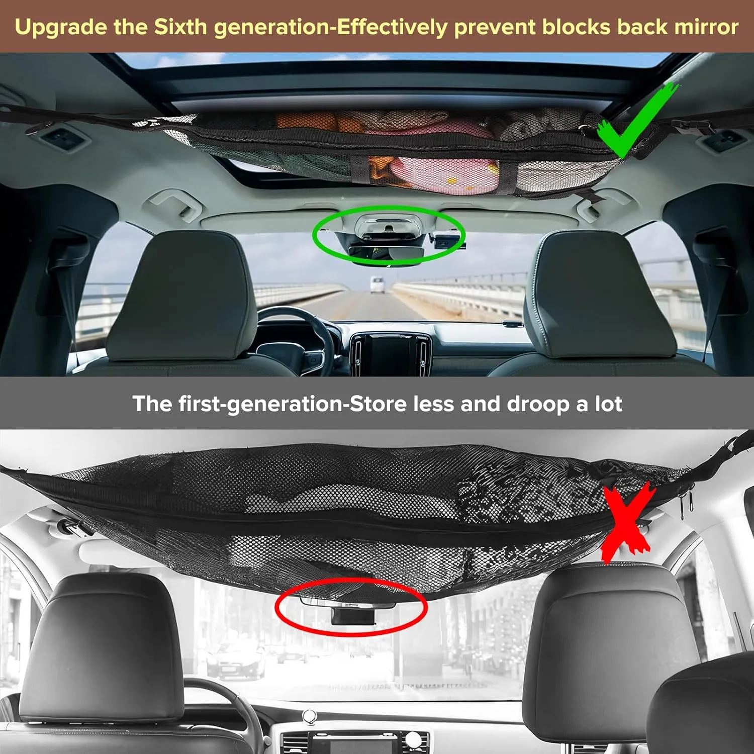 Kaskawise 31.5"x21.6" Car Ceiling Cargo Net-Fits Cars with Three Handles,Non-Blocking Rearview Mirror,Double-Layer Interior Roof Cargo Net for Travel Road Trips and Car Camping