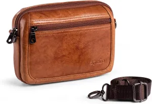 Katloo Genuine Leather Cell Phone Belt Bag fits for iPhone 15 14 13 12 11 Pro Max Samsung Galaxy A15 A54 S24 Ultra Belt Clip Phone Holster Carrying Pouch Crossbody Purse with Shoulder Strap (Brown)