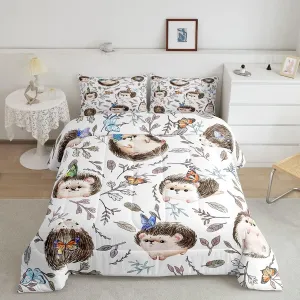 Kawaii Hedgehog Comforter Set King Kids Bedding for Girls Boys Hedgehog Gifts Colorful Butterfly Duvet Insert Cartoon Wild Animals Down Comforter for Hedgehog Lovers Botanical 3Pcs Quilt Home Decor