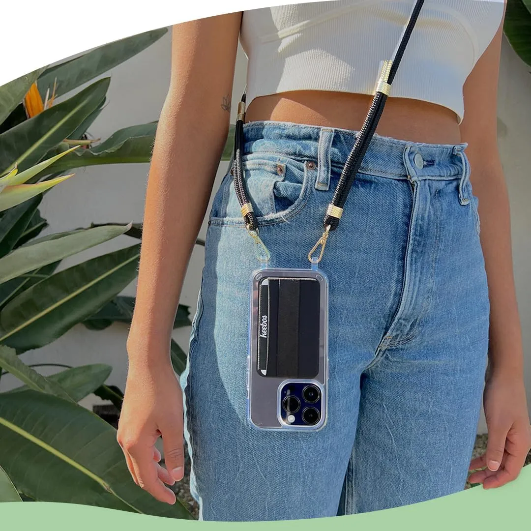 Keebos 2.0 - Crossbody Phone Case with Card Wallet and Newly Improved Detachable Strap Design - Size iPhone X/Xs (Clear Case, Black Strap)
