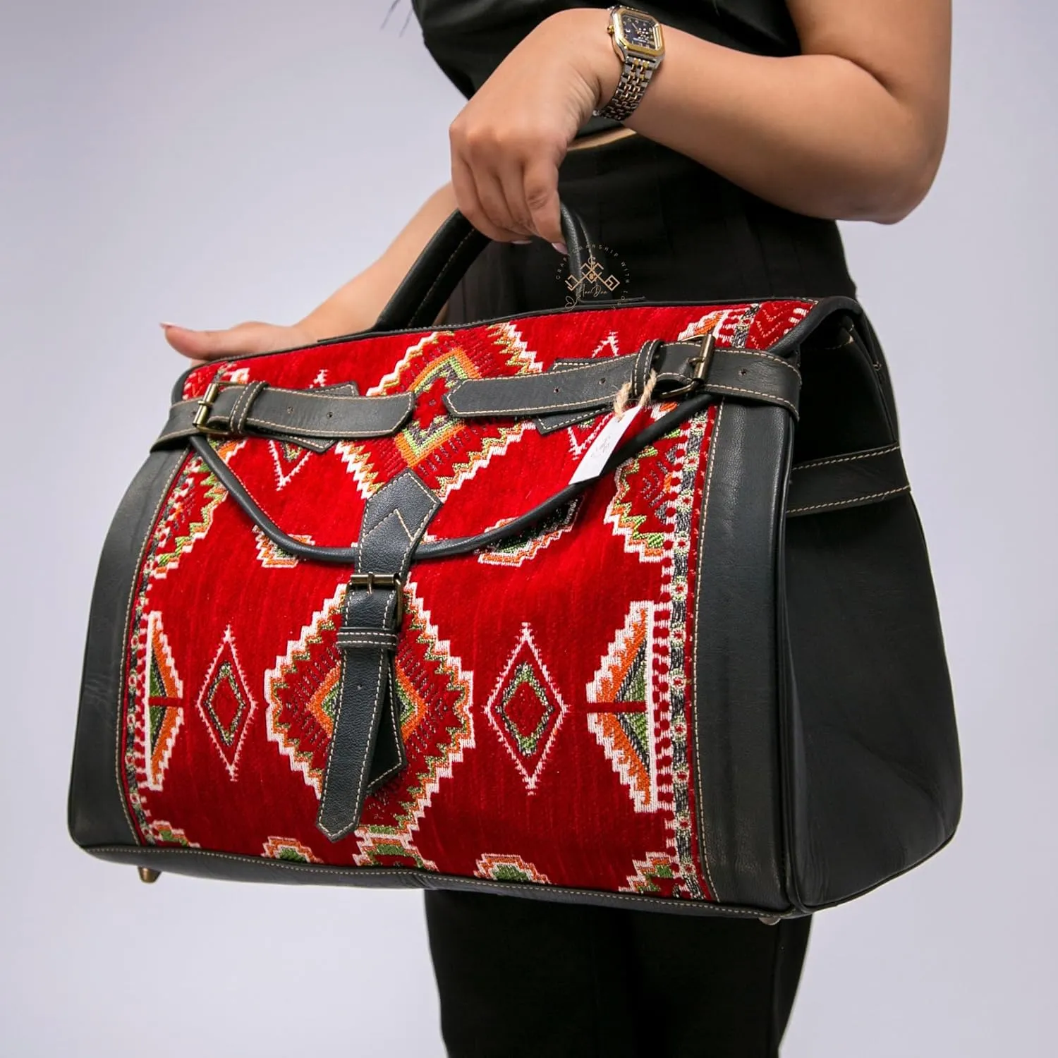 Kilim Carpet Travel Bag - Genuine Leather Duffle Bag | Moroccan Weekender Bag with Adjustable Strap | Unique Bohemian Design, Carry-On Friendly (Black, Meduim)