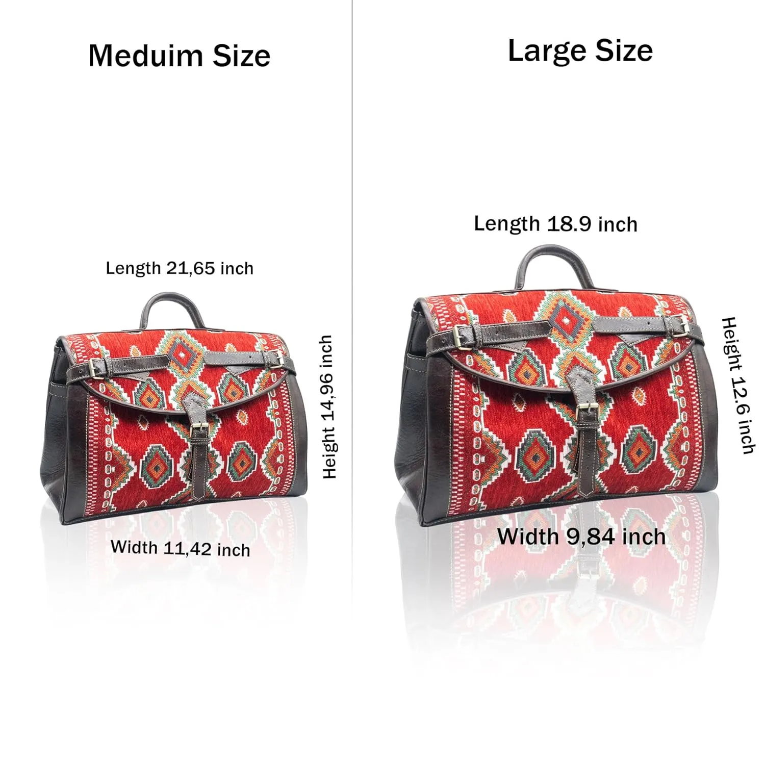 Kilim Carpet Travel Bag - Genuine Leather Duffle Bag | Moroccan Weekender Bag with Adjustable Strap | Unique Bohemian Design, Carry-On Friendly (Black, Meduim)