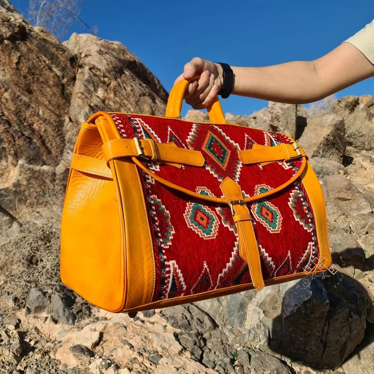 Kilim Carpet Travel Bag - Genuine Leather Duffle Bag | Moroccan Weekender Bag with Adjustable Strap | Unique Bohemian Design, Carry-On Friendly (Black, Meduim)