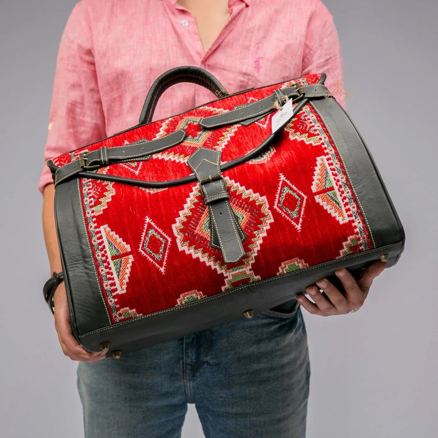 Kilim Carpet Travel Bag - Genuine Leather Duffle Bag | Moroccan Weekender Bag with Adjustable Strap | Unique Bohemian Design, Carry-On Friendly (Black, Meduim)