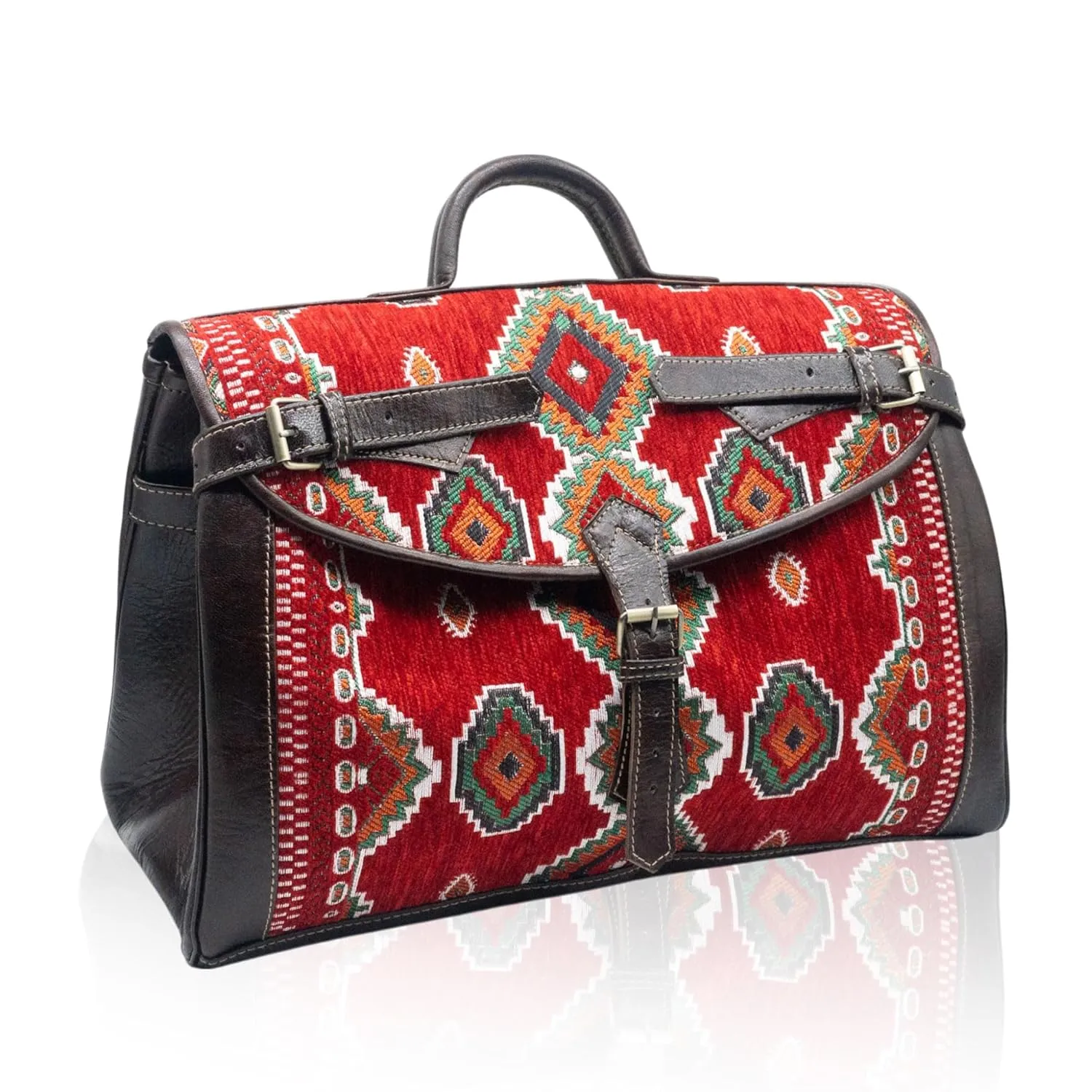 Kilim Carpet Travel Bag - Genuine Leather Duffle Bag | Moroccan Weekender Bag with Adjustable Strap | Unique Bohemian Design, Carry-On Friendly (Black, Meduim)