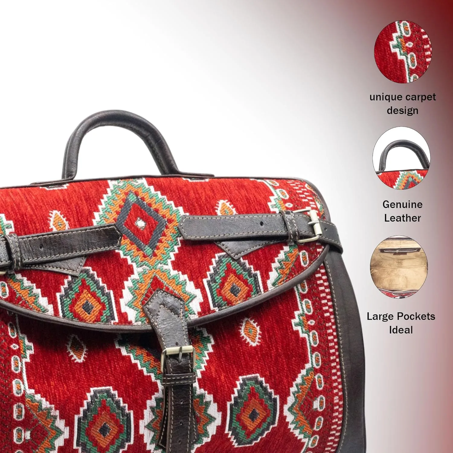 Kilim Carpet Travel Bag - Genuine Leather Duffle Bag | Moroccan Weekender Bag with Adjustable Strap | Unique Bohemian Design, Carry-On Friendly (Black, Meduim)
