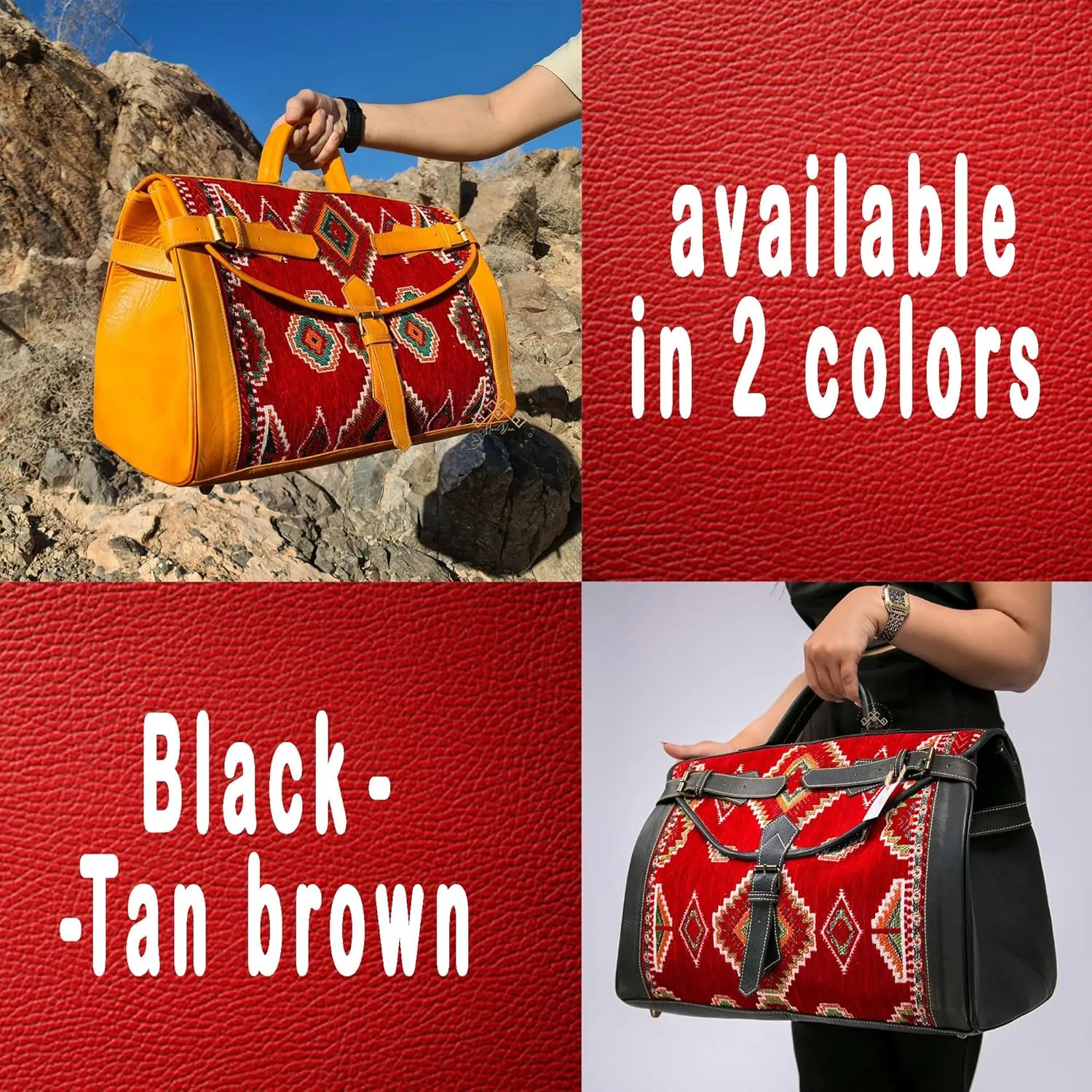 Kilim Carpet Travel Bag - Genuine Leather Duffle Bag | Moroccan Weekender Bag with Adjustable Strap | Unique Bohemian Design, Carry-On Friendly (Black, Meduim)