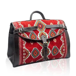 Kilim Carpet Travel Bag - Genuine Leather Duffle Bag | Moroccan Weekender Bag with Adjustable Strap | Unique Bohemian Design, Carry-On Friendly (Black, Meduim)