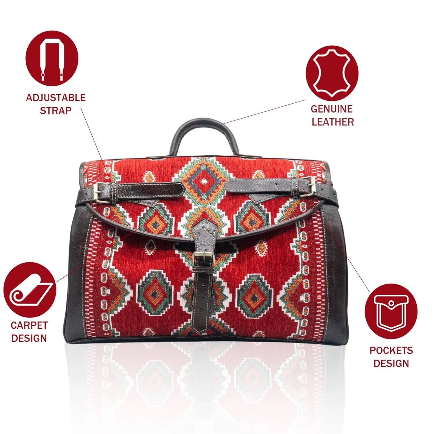 Kilim Carpet Travel Bag - Genuine Leather Duffle Bag | Moroccan Weekender Bag with Adjustable Strap | Unique Bohemian Design, Carry-On Friendly (Black, Meduim)