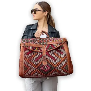 Kilim Carpet Travel Bag - Genuine Leather Duffle Bag | Moroccan Weekender Bag with Adjustable Strap | Unique Bohemian Design, Carry-On Friendly (Large)