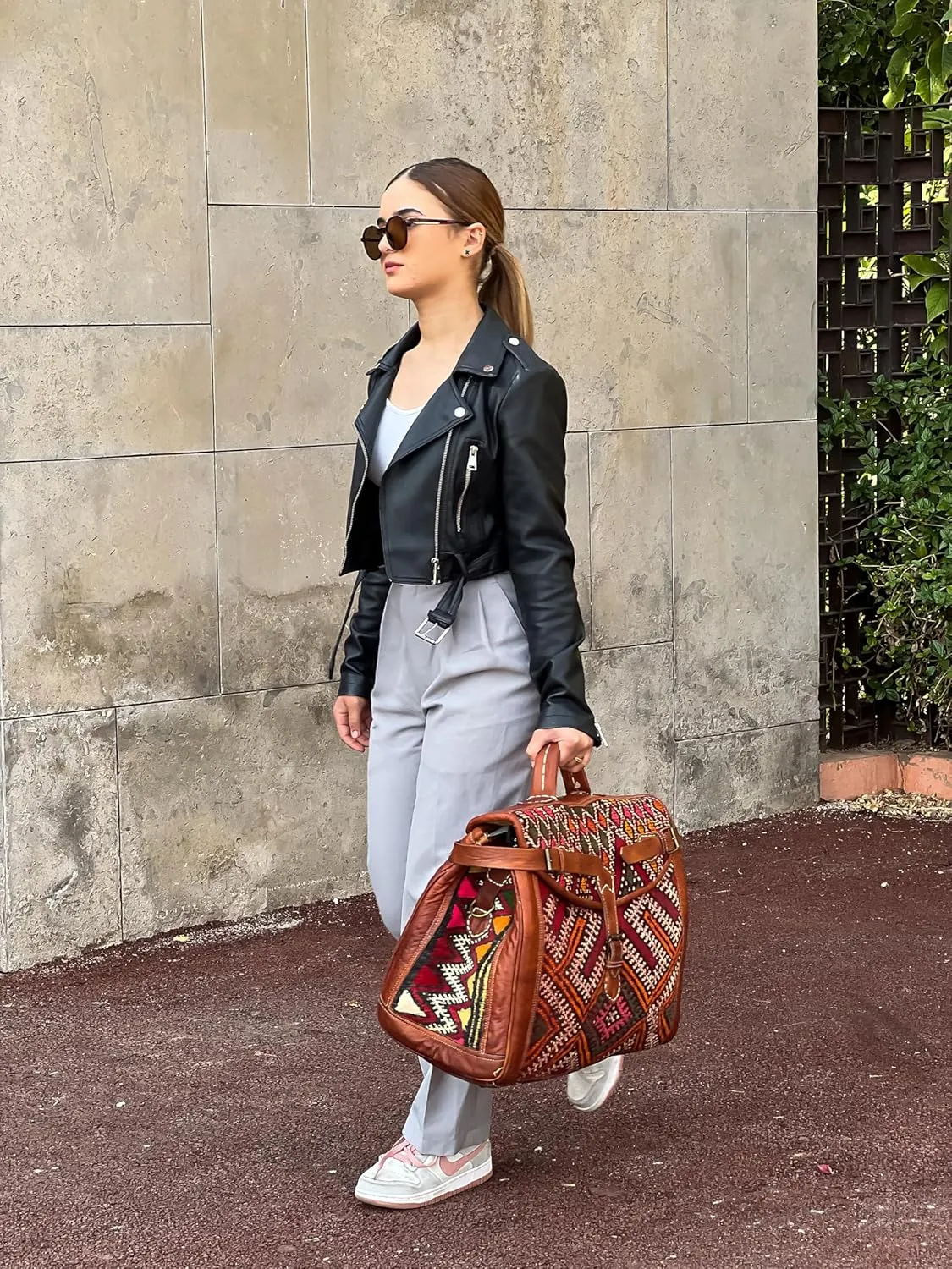 Kilim Carpet Travel Bag - Genuine Leather Duffle Bag | Moroccan Weekender Bag with Adjustable Strap | Unique Bohemian Design, Carry-On Friendly (Large)
