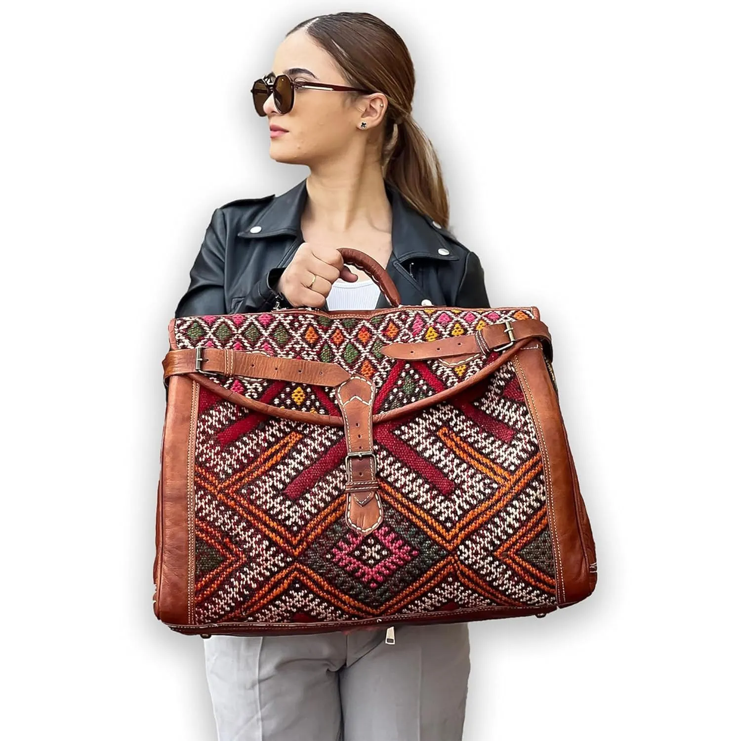 Kilim Carpet Travel Bag - Genuine Leather Duffle Bag | Moroccan Weekender Bag with Adjustable Strap | Unique Bohemian Design, Carry-On Friendly (Large)