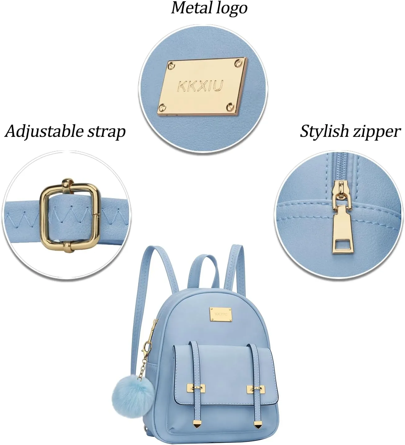 KKXIU Girls Small Backpack Purse Vegan Leather Mini Bookbag for Women Cute Teen Pompom Daypack